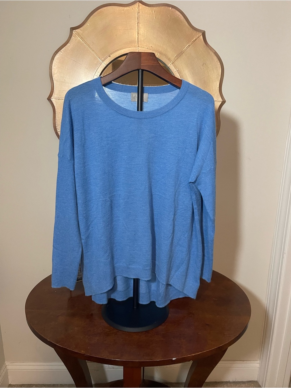 Pure Collection Superfine Cashmere LS Light Blue Women’s Sweater Luxury Hi Lo